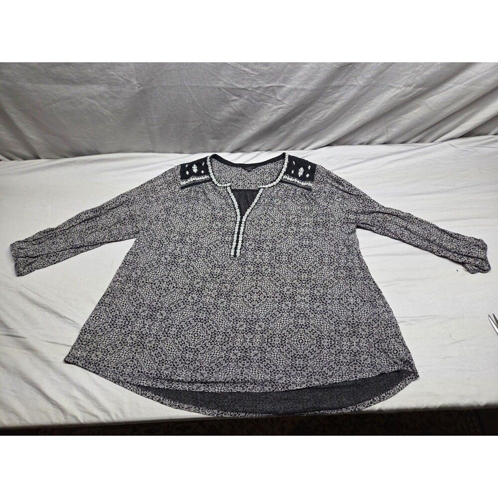Lucky Brand Blouse Top Womens 3X Black White Embroidered Peasant Boho Casual